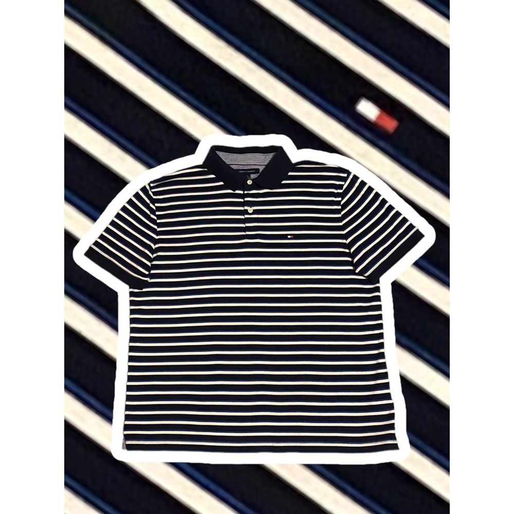 Tommy Hilfiger Black, White, and Blue Polo T-Shirt with logo Men’s Size Large